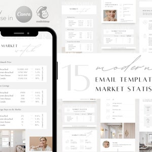 15 plantillas de correo electrónico de bienes raíces: actualización de mercado mensual/semanal, estadísticas anuales, pronóstico de mercado / editable en Canva, fácil de usar en Mailchimp