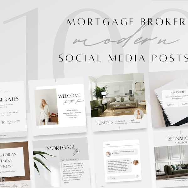 100 Mortgage Broker Social Media Posts Template | Mortgage Lender Instagram Facebook Content Marketing Ideas, Funded Refinanced, Editable