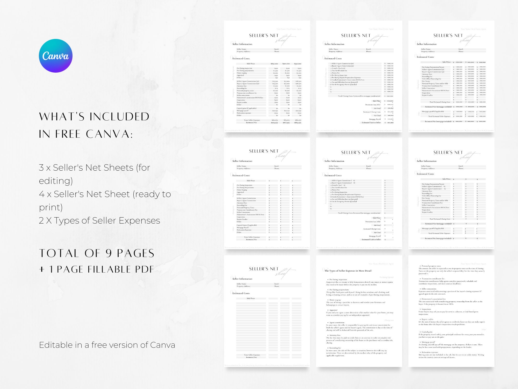 Seller's Estimated Net Sheet: Pre-listing, Closing Costs. Template ...
