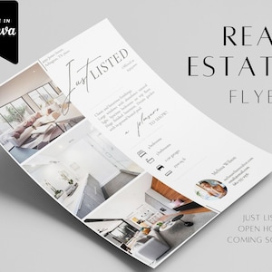 Moderne flyer zojuist vermeld, opendeurdag-flyer, binnenkort beschikbaar | Aanpasbaar Bewerkbaar in Canva | Flyer sjabloon vastgoedmarketing Canva