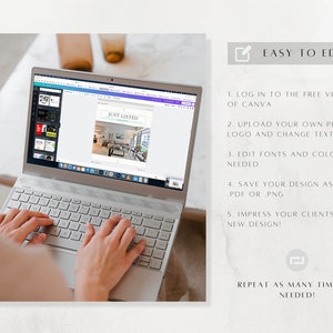 Może przedstawiać: Osoba używa laptopa do edycji szablonu oferty nieruchomości w Canva. Szablon nosi tytuł "Just Listed" i zawiera zdjęcie salonu. Tekst na ekranie instruuje użytkownik&oacute;w, aby przesłali własne zdjęcia, logo i zmienili tekst, edytowali czcionki i kolory oraz zapisali projekt jako JPEG, PDF lub PNG.
