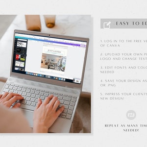 K&ouml;nnte beinhalten: Eine Person bearbeitet auf einem Laptop eine Immobilienanzeigenschablone auf Canva. Die Vorlage zeigt ein Foto eines Wohnzimmers mit dem Text "Just Listed".