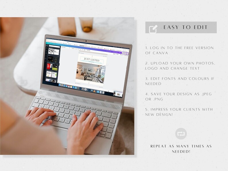 K&ouml;nnte beinhalten: Eine Person bearbeitet auf einem Laptop eine Immobilienanzeigenschablone auf Canva. Die Vorlage zeigt ein Foto eines Wohnzimmers mit dem Text "Just Listed".