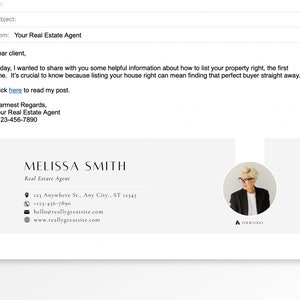 Może przedstawiać: E-mail od agenta nieruchomości, Melissy Smith, ze zdjęciem jej i danymi kontaktowymi. W temacie wiadomości nie ma żadnego tekstu. Treść e-maila zachęca czytelnik&oacute;w do kliknięcia w link, aby przeczytać wpis na blogu o wystawianiu nieruchomości na sprzedaż.