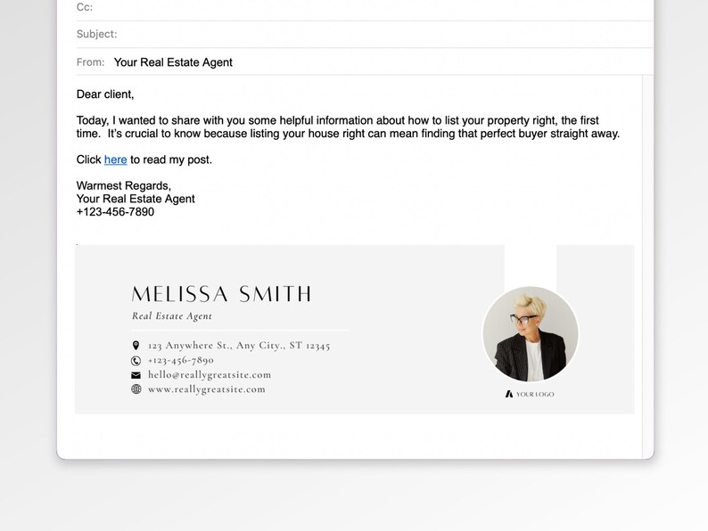 Może przedstawiać: E-mail od agenta nieruchomości, Melissy Smith, ze zdjęciem jej i danymi kontaktowymi. W temacie wiadomości nie ma żadnego tekstu. Treść e-maila zachęca czytelnik&oacute;w do kliknięcia w link, aby przeczytać wpis na blogu o wystawianiu nieruchomości na sprzedaż.