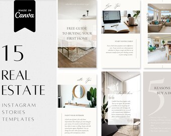 May include: Fifteen Instagram story templates for real estate agents. The templates feature images of homes, interior design tips, and advice for buying a home. The text on the templates includes phrases like "Free Guide to Buying Your First Home", "Start Saving Early", "Paint Your Interior", and "5 Reasons to Buy a House".