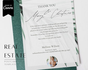 May include: A white postcard with green foliage on the sides. The text reads "Thank You Merry & Christmas". It has a message thanking the recipient for their business and includes the name and contact information for Melissa Wilson, a real estate agent.