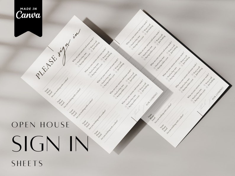 K&ouml;nnte beinhalten: Zwei wei&szlig;e Bl&auml;tter mit schwarzem Text, auf denen "PLEASE sign in" und "OPEN HOUSE SIGN IN SHEETS" steht. Die Bl&auml;tter enthalten eine Liste von Fragen, die die Leute beantworten k&ouml;nnen, wie z. B. "Was sind Ihre Lieblings-Inneneinrichtungsstile?" und "Wonach suchen Sie?"