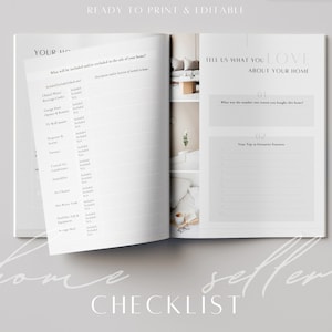 May include: Open notebook with a checklist for home sellers. The left page lists items like a wine cooler and TV wall mounts. The right page has prompts to describe the home. The words "home seller checklist" are at the bottom.