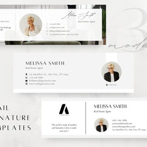 May include: Three email signature templates with a white background and black text. The templates feature a headshot of a woman, a logo, and contact information for a real estate agent. The text includes the agent's name, phone number, email address, website address, and physical address.