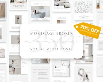 May include: A collection of social media post templates for mortgage brokers. The templates are minimalist and feature a white background with gray text. The text includes phrases like "Attention Investors", "Just Closed", "Debt Consolidation", and "Average Mortgage Rates".