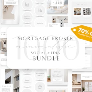 Op de afbeelding: Een collage van afbeeldingen die een social media-pakket voor hypotheekadviseurs promoten. De afbeeldingen tonen minimalistische ontwerpen met tekstoverlays zoals "Hypotheekadviseur", "Minimalistisch", "Social Media Bundle", "70% Korting", "Beperkte tijd aanbieding", "Just Fund", "Boeteclausules", "Website", "Herfinancierd", "Juridische aspecten", "Hypotheekmythes", "Wat je wist voordat je je hypotheek kreeg", "Gefinancierd", "Nieuwe listing", "Herfinancierd" en "Dit of Dat".