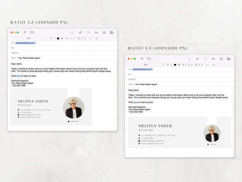 Może przedstawiać: Szablon wiadomości e-mail z białym tłem i jasnoszarym obramowaniem. Temat wiadomości e-mail brzmi "Tw&oacute;j agent nieruchomości". Treść wiadomości e-mail zawiera wiadomość od agenta nieruchomości, Melissy Smith, z danymi kontaktowymi i linkiem do wpisu na blogu. Wiadomość e-mail jest zaprojektowana dla proporcji 1:2.