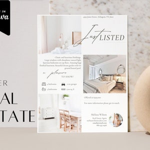Peut inclure: Une brochure pour une propriété nouvellement mise en vente. La brochure présente une photo d'une chambre avec un grand lit, une commode blanche et une grande fenêtre. Le texte sur la brochure indique "Just Listed" et comprend des détails sur la maison, tels que le nombre de chambres et de salles de bain, la taille de la maison et le prix. La brochure comprend également le nom et les coordonnées de l'agent immobilier.