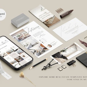 K&ouml;nnte beinhalten: Eine Sammlung von Immobilien-Marketingvorlagen mit minimalistischem Design. Die Vorlagen umfassen einen Social-Media-Beitrag, eine Dankeskarte, eine Visitenkarte, einen Leitfaden zum Kauf eines ersten Eigenheims und eine Verkaufsanzeige. Die Vorlagen sind alle in einer neutralen Farbpalette mit einer modernen Schriftart gehalten.
