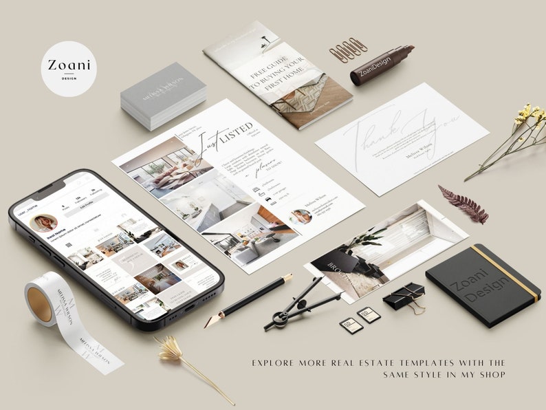 K&ouml;nnte beinhalten: Eine Sammlung von Immobilien-Marketingvorlagen mit minimalistischem Design. Die Vorlagen umfassen einen Social-Media-Beitrag, eine Dankeskarte, eine Visitenkarte, einen Leitfaden zum Kauf eines ersten Eigenheims und eine Verkaufsanzeige. Die Vorlagen sind alle in einer neutralen Farbpalette mit einer modernen Schriftart gehalten.