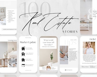 May include: A collage of images promoting real estate services. The images feature a home interior, a market update, a question about home value, home seller tips, and a realtor greeting. The text "100 Real Estate Stories" is featured in the center of the collage.