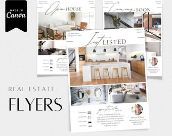 May include: Real estate flyers with photos of a modern home with light wood floors, white walls, and large windows. The flyers feature the text "Open House", "Just Listed", and "Coming Soon".