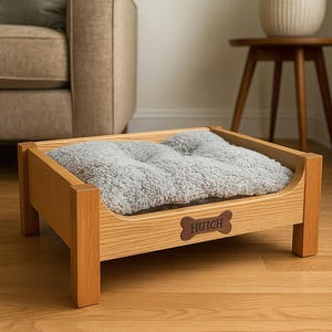 Handmade Solid Oak Dog Bed Frame with Custom Walnut Nameplate – Pet-Friendly Finish – Personalized Dog Furniture
