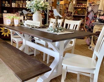 Custom built handmade Trestle style dining room table | Solid hardwood table | Farmhouse table