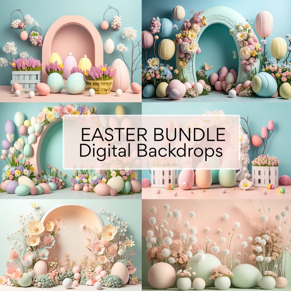 6 EASTER Floral Digital Backdrops BUNDLE, Cute pastel Overlays, Easter Eggs flowers kids Photography Digital Background, Photoshop Textures