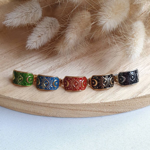 Witch ring - Adjustable enamelled ring in gold or silver stainless steel - eye, moon, star, star jewelry - witchy jewelry - protection