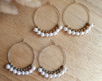 Hoop earrings in gold or silver stainless steel with freshwater pearls - mother-of-pearl jewelry - women's gift idea - women's earrings