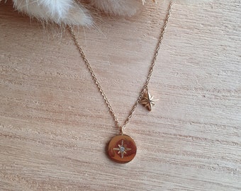 Collier médaille étoile polaire et strass - collier ajustable en acier inoxydable or - collier femme - collier fin - idée cadeau femme