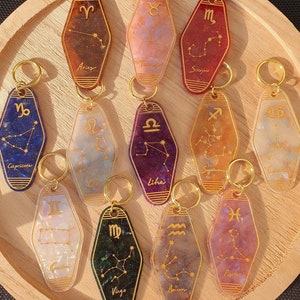 Astrological sign keychain - Zodiac sign keychain - hotel, motel keychain - golden zodiac constellation - personalized gift