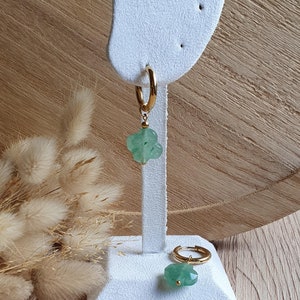 Green Aventurine Natural Stone Clover Creole Earrings - Gold Plated Stainless Steel Earring - Women&#39;s Jewelry