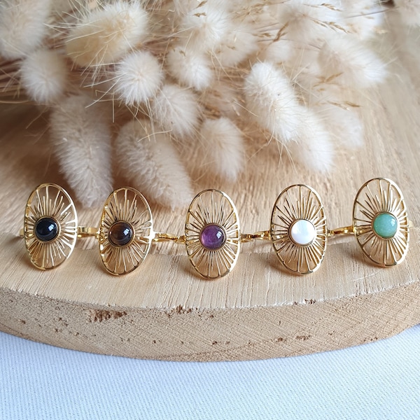 Sun ring - Adjustable ring in gold stainless steel and natural stone - fine women's ring - tiger eye - amazonite - mother-of-pearl - amethyst
