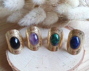 Large adjustable ring in gold stainless steel and natural stone - agate ring - ruby zoisite ring - lapis lazuli ring - amethyst