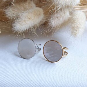 Large mother-of-pearl ring - round ring - adjustable ring in gold or silver stainless steel - silver ring - gold ring - boho ring - women's ring