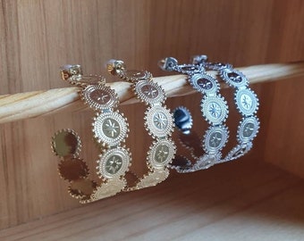 Boucles d'oreilles créoles, anneau en acier inoxydable doré ou argenté de style boheme - bijoux boheme - bijoux ethniques - bijoux etoiles