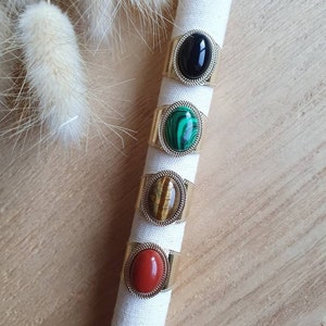 Cassandre Ring - Large adjustable ring in gold stainless steel and natural stone - Black onyx ring, Tiger&#39;s eye ring, Malachite ring