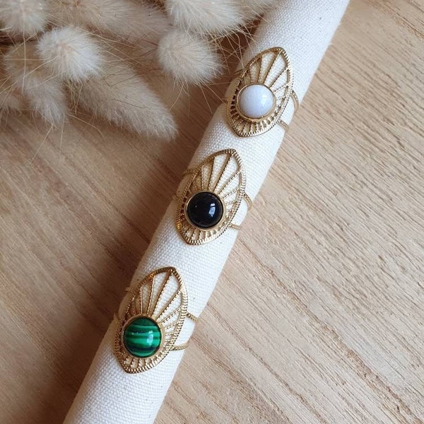 Bague Gatsby - bague réglable style années 20 - Bague en acier inoxydable et pierre naturelle - bague jade - bague malachite - bague onyx