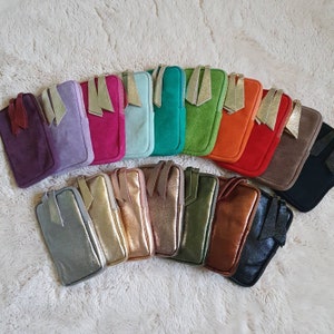 Leather phone pouch - Leather shoulder pouch - suede pouch - shoulder bag - shiny pouch - colorful pouch