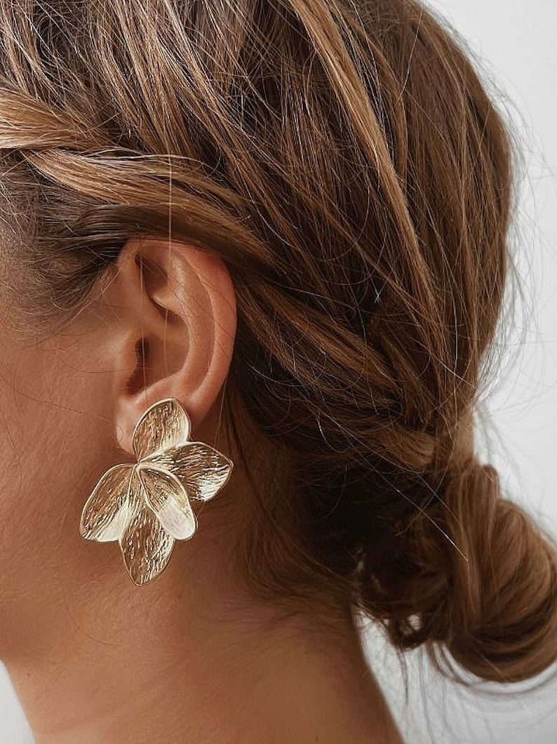 Grosses boucles d'oreilles feuilles puces en acier inoxydable doré à l'or fin boucles d'oreilles femme bijoux femme bijoux fleurs image 2