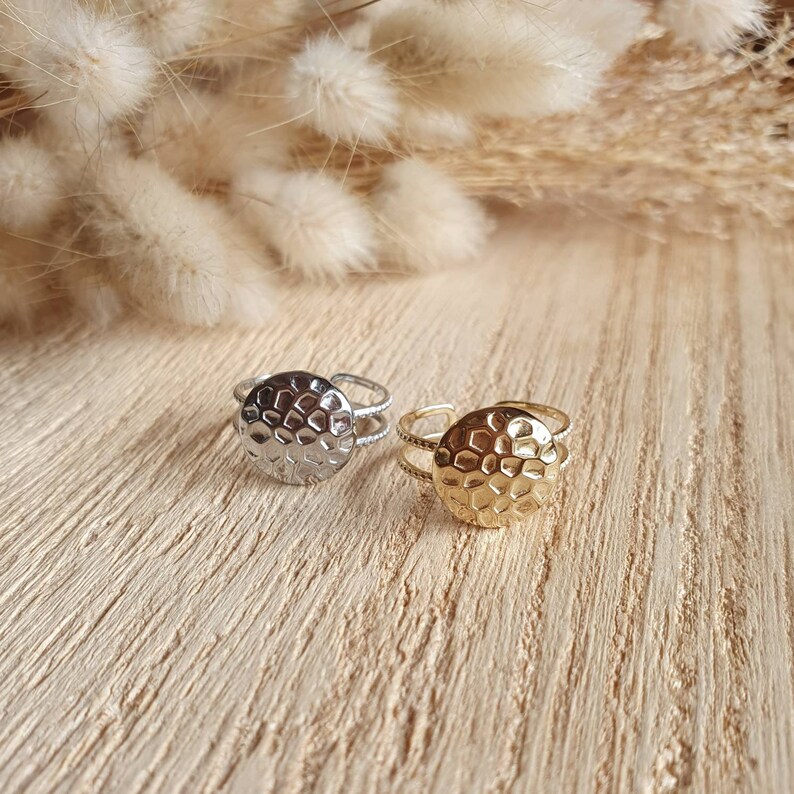 Anillo ajustable de acero inoxidable dorado o plateado joyería de panal anillo martillado anillo de plata anillo de mujer anillo minimalista imagen 2