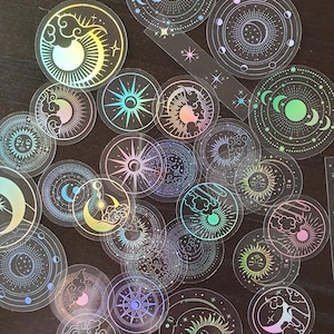 Lot de 10 stickers ronds holographiques - stickers pour ordinateurs, bullet journal, scrapbooking, agenda... Stickers lune, étoile, soleil