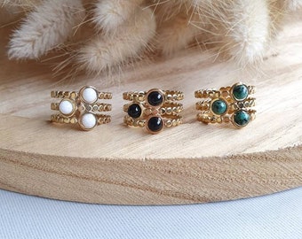 Anillo triple fila - anillo ajustable en acero inoxidable dorado y piedra natural - anillo de ágata - anillo de jade blanco - anillo de mujer - litoterapia