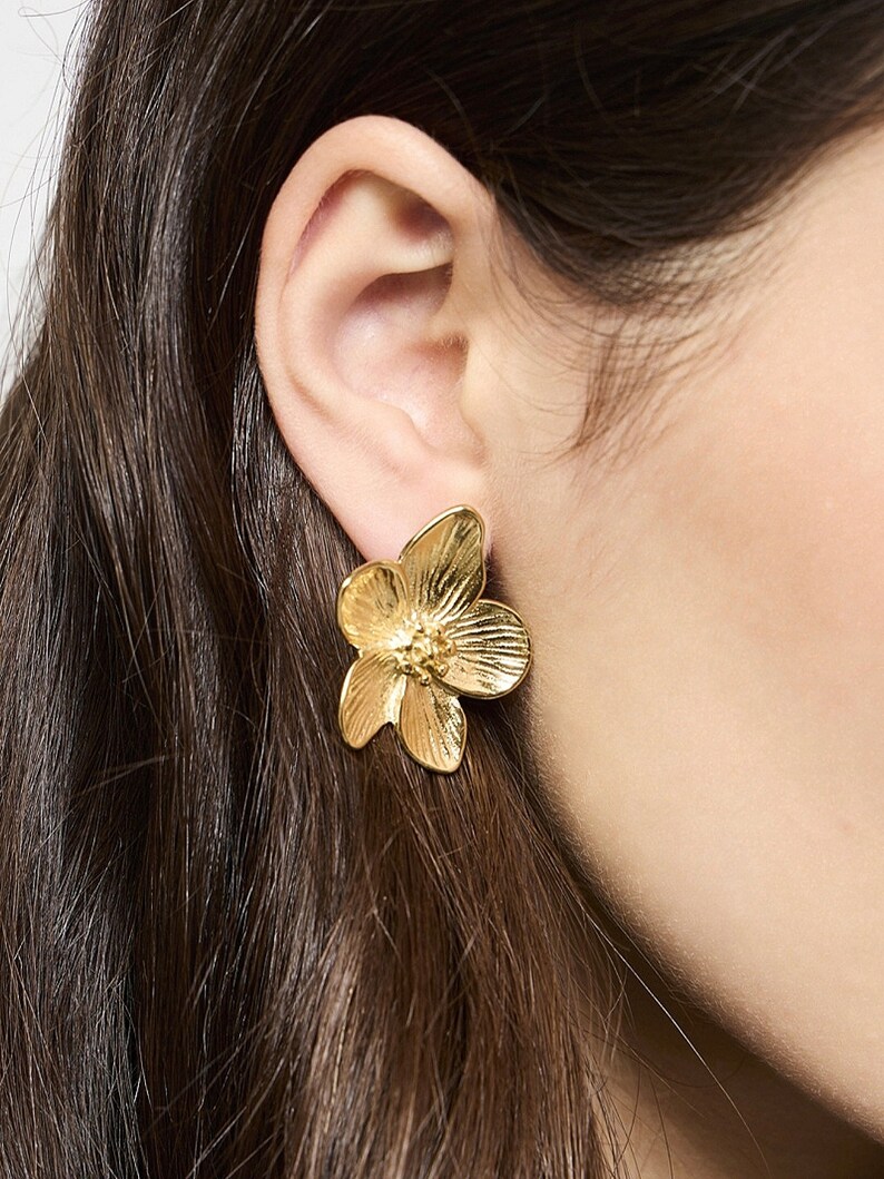 Cherry blossom earrings large gold stainless steel earrings stud earrings women's earrings image 3