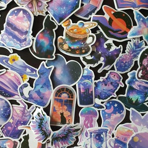 Lot de 10 gros stickers galaxie - stickers pour ordinateurs, bullet journal, scrapbooking, agenda... Stickers lune, étoile, animaux, nuage