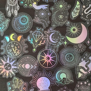 Lot de 10 gros stickers holographiques - stickers pour ordinateurs, bullet journal, scrapbooking, agenda... Stickers lune, étoile, soleil