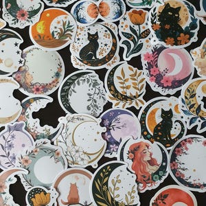 Lot de 10 gros stickers lunes - stickers pour ordinateurs, bullet journal, scrapbooking, agenda... Stickers lune, étoile, fleur, chat