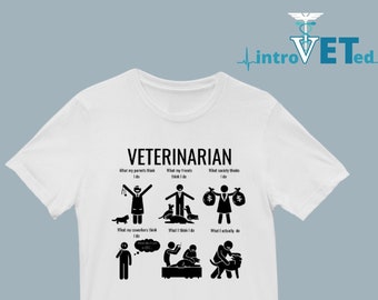Può includere: Una maglietta bianca con una grafica nera che descrive il lavoro di un veterinario. La grafica mostra sei diversi scenari di cosa fa un veterinario, da quello che i suoi genitori pensano che faccia a quello che fa realmente. Il testo dice "VETERINARIAN".