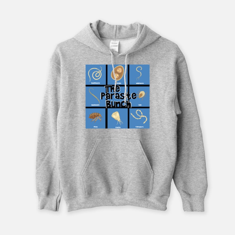 May include: A grey hooded sweatshirt with a blue square graphic featuring illustrations of various parasites and the text "The Parasite Bunch".