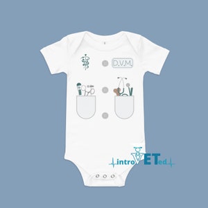 May include: White baby onesie with a green veterinary symbol, the letters D.V.M. in a circle, and two pockets with medical tools and a stethoscope. The text "introVETed" is printed below the pockets.