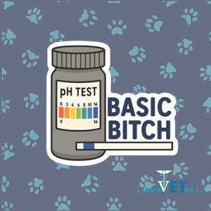 May include: A sticker featuring a gray pH test bottle with a color chart and the text "pH TEST". The sticker also includes the words "BASIC BITCH" in bold, white letters. The background is blue with paw prints.