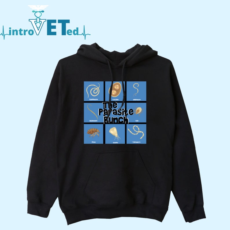 May include: Black hoodie featuring a blue graphic of various parasites, including a tapeworm, tick, and flea. The graphic is labelled "The Parasite Bunch".